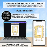 classic winnie the pooh baby shower website digital invitation editable with free canva account yellow gingham trackable rsvp, books for baby, google maps location, gift registry, drag and drop polaroid pictures, and more all editable by you immediately after purchase with a free canva account, guide included guests will love your baby shower website