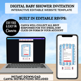ready to pop soda themed baby shower editable canva website invitation, mobile invite website that is customized by you with a free canva account, trackable rsvps, books for baby, diaper raffle, drag and drop your own photos into polaroid frames change colors, themes text and more immediately after downloading then share via text, email or social media 