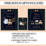 A promotional graphic showing three navy plaid baby shower invitation designs with teddy bear graphics and text, plus a headline reading 'FREE BONUS GIFTS INCLUDED' and bullet points about editable welcome signs, diaper raffle signs, and thank you cards.