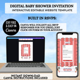 barbecue baby q  or co-ed baby shower gender neutral great for boys editable website invitation template for summer baby shower editable with a free canva account trackable rsvp, clickable gift registry, diaper raffle, books for baby, side dish request, drag and drop polaroid frames for your photos and more its totally interactive and easy to edit then share via text social media or email guests will love it
