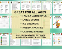 Printable Editable Camping Games Bundle For Kids & Adults | Family Campfire Party Ideas And Activities | Camp Quizzes Editable Template