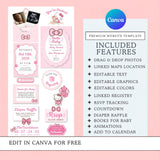digital baby shower modern invitation website canva template in hello baby cute kitty theme comes with rsvp included, premium gift registry and party location links, and matching editable printable shower signs