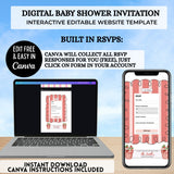 editable somebody berry sweet strawberry daisies themed baby shower website invitation editable with free canva account easy to use and share via text, email or social media your own website includes rsvp tracking, gift registry, books for baby, diaper raffle, polaroid drag and drop photo frames, google maps location comes with a guide your guests will love it