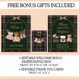 Digital preview of a baby shower party package featuring three girls ralph lauren polo plaid-themed invitation designs: a large welcome sign, a diaper raffle sign, and a thank you card, with text stating 'FREE BONUS GIFTS INCLUDED' and print size details.