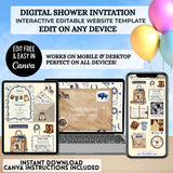 cute little cowboy clothes on clothesline baby shower invitation website editable with a free canva account, includes rsvp tracking, books for baby, google maps location, clickable gift registry, save the date and invitation your very own website that guests will love easy to edit publish and share via social media, text or email