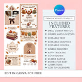 editable digital fall baby shower invitation website canva template sweater weather theme with rsvp included and premium party location, gift registry, add to calendar links plus diaper raffle and books for baby, simply edit, share and collect rsvps right in your free canva account
