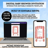 editable somebody berry sweet strawberry daisies themed baby shower website invitation editable with free canva account easy to use and share via text, email or social media your own website includes rsvp tracking, gift registry, books for baby, diaper raffle, polaroid drag and drop photo frames, google maps location comes with a guide your guests will love it
