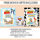 Promotional graphic for customizable Toy Story-themed baby shower party supplies, showing editable welcome sign, diaper raffle sign, and thank you cards with character illustrations and text, plus bullet points about editable sizes.