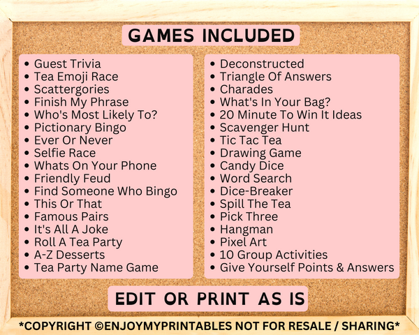 Printable Tea Party Games Adults Kids Toddler | Editable High Tea Quiz ...