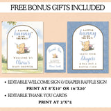 Printable baby shower sign and thank you card design mockup with Winnie the Pooh illustration and text, shown on a beige background with promotional copy about bonus gifts and editable welcome sign and diaper raffle sign sizes.