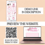 Promotional graphic for a digital hello kitty birthday website invitation template, showing a smartphone and laptop mockup with pink and white invitation designs, alongside text reading 'DEMO LINK IN DESCRIPTION' and 'PREVIEW THE WEBSITE', plus a QR code and instruction to scan or long press to view.