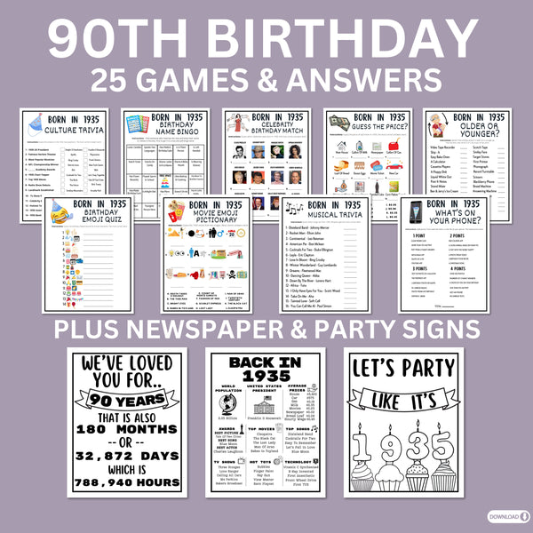 90th birthday party games printable bundle with signs and decor for those born in 1935