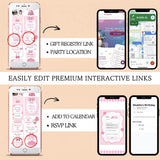Promotional graphic showing smartphone mockups with pink girls birthday party app screens and text explaining interactive link features such as gift registry link, party location, add to calendar, and RSVP link.