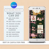 Promotional graphic for a Canva template pack, for ralph lauren polo themed showing a phone mockup on the right with a styled invitation design and a text panel on the left outlining editable features like adding photos, text, fonts, colors, and linking to a calendar. The Canva logo is visible at the top.