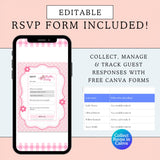 digital baby shower modern invitation website canva template in hello baby cute kitty theme comes with rsvp included, premium gift registry and party location links, and matching editable printable shower signs