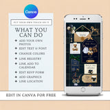 Promotional graphic for a Canva editable baby registry invitation template. The left panel lists features like adding photos, editing text and fonts, changing colors, linking to a registry or calendar, adding graphics, editing an RSVP form, and linking location.