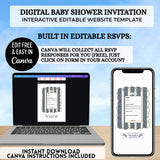 cute little cowboy clothes on clothesline baby shower invitation website editable with a free canva account, includes rsvp tracking, books for baby, google maps location, clickable gift registry, save the date and invitation your very own website that guests will love easy to edit publish and share via social media, text or email