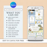 Promotional graphic for a Canva editable classic pooh baby shower invitation template. On the left, a white panel lists features like adding photos, editing text and font, changing colors, and linking registry or calendar.