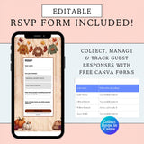 editable digital fall baby shower invitation website canva template sweater weather theme with rsvp included and premium party location, gift registry, add to calendar links plus diaper raffle and books for baby, simply edit, share and collect rsvps right in your free canva account