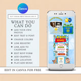 Promotional graphic for Canva digital invitation templates, showing a smartphone displaying a colorful invitation design and a text panel outlining customization options like adding photos, editing text and fonts, changing colors, and linking calendar, RSVP form, and location.