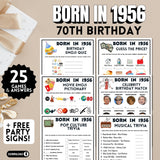 70th Birthday game set for those born in 1956 with various activities on a beige background.