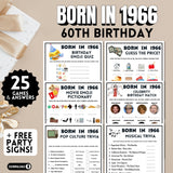 60th Birthday game set for people born in 1966 with printable games like celebrity birthday match, 1966 movie emoji pictionary, pop culture trivia and 1966 music trivia, guess the price 1966