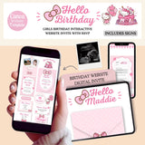 Digital product mockup for a Hello Kitty themed Canva website template. The image shows a hand holding a smartphone displaying a pink and white baby shower website layout, alongside other device mockups and a digital invitation card.