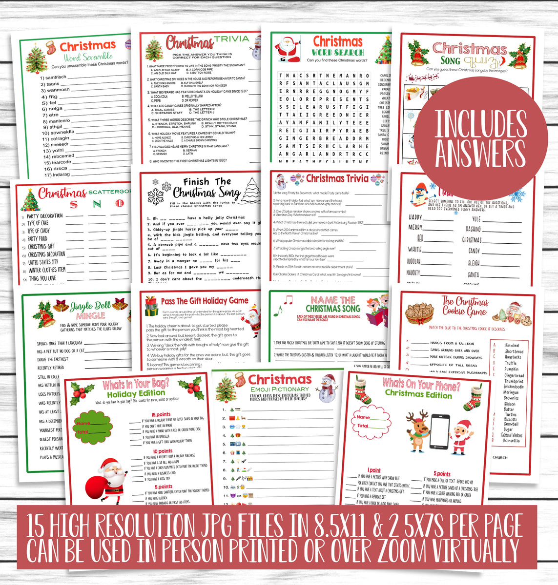 Christmas Party Family Game Set, Printable Kids Adults Activity Bundle