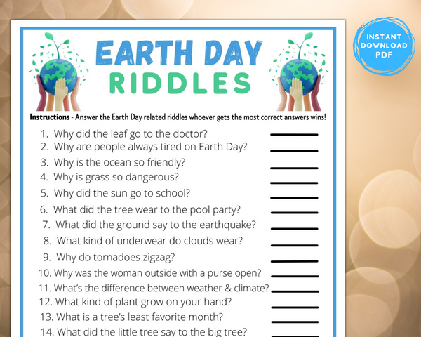Printable Earth Day Fun Riddle Game | Classroom Work Seniors Activity ...