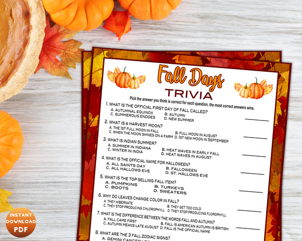 Fall Autumn Party Trivia Game, Printable or Virtual Kids Activity Shee ...