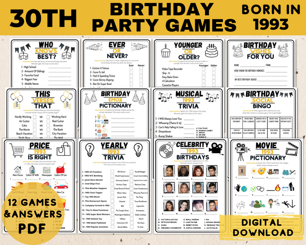 Printable 30th birthday party games for kids and adults