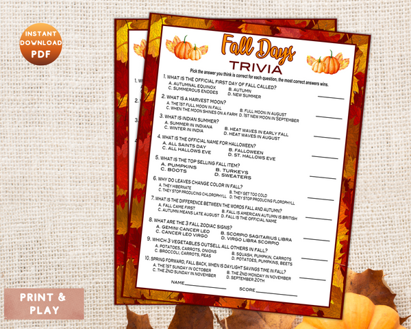 Fall Autumn Party Trivia Game, Printable or Virtual Kids Activity Shee ...
