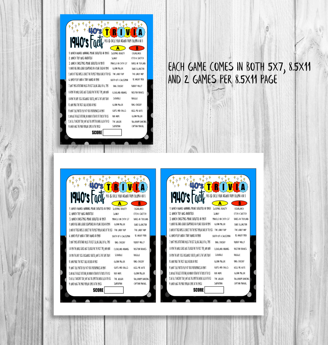 75th Birthday Party Games, 75th Birthday Ideas, 1947 Trivia Game, Pric ...