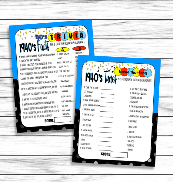 1940s Trivia Songs Music Virtual Printable Games Instant Download
