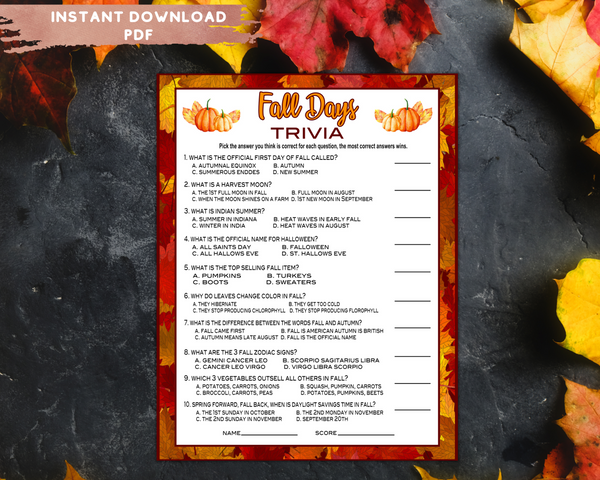 Fall Autumn Party Trivia Game, Printable or Virtual Kids Activity Shee ...