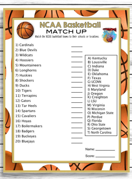 NCAA Basketball March Madness Party Match Up Trivia Game