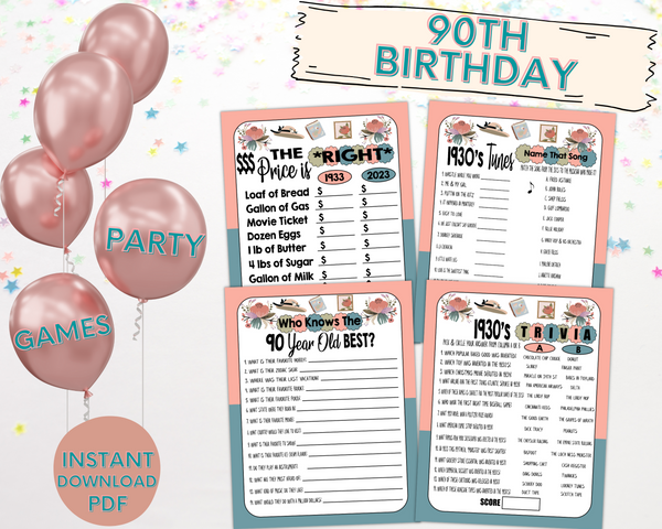 90th birthday party printable games, ideas, decor