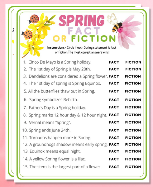 Spring Fact Or Fiction Printable Game | Kids Adults Fun Trivia Activity | Church, Office, Classroom, Office, Seniors Event Idea | Quiz