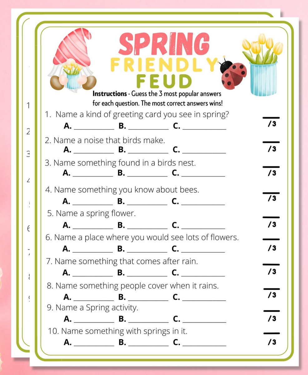 Spring Feud Trivia Printable Game Adults Kids Fun Party Activity S
