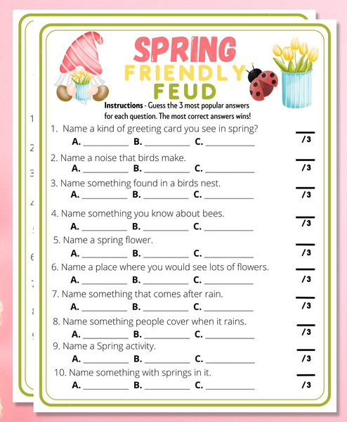 spring friendly feud printable party game for kids and adults