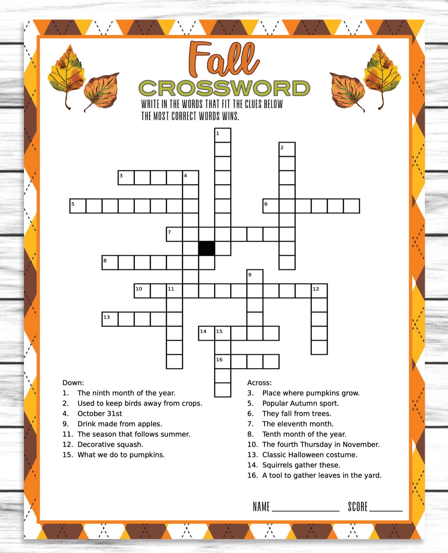 Fall autumn party family reunion crossword puzzle game, printable kids –  enjoymyprintables