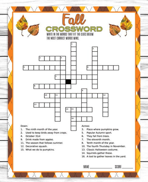 Fall Autumn Party Family Reunion Crossword Puzzle Game Printable Kids