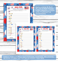 July 4th Printable Emoji Pictionary Party Game | Kids Adults Activity Sheet | Instant Download Fun Quiz Idea