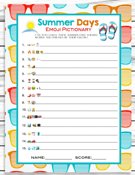 Summer Party Family Reunion Emoji Pictionary Game, Printable Kids Activity Sheet, Instant Download