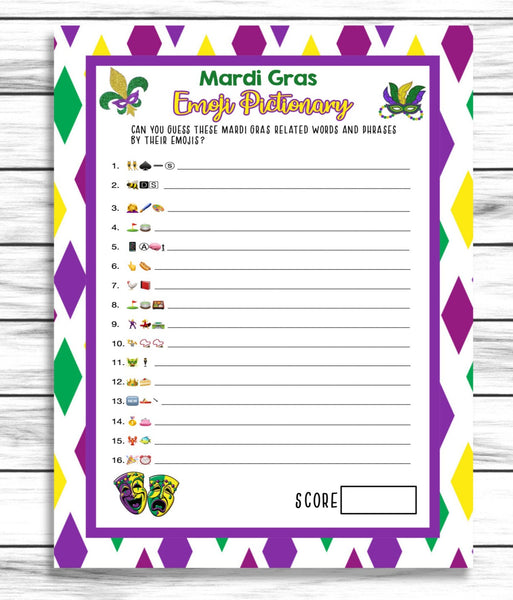 Mardi Gras Emoji Pictionary Game, Party Game, Emoji Game, Instant Download, Printable or Virtual