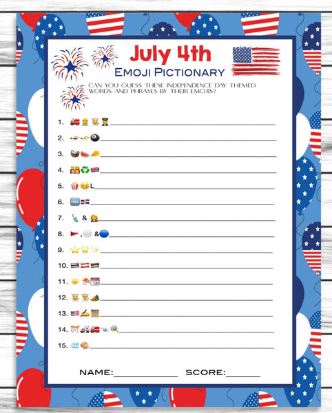 July 4th Printable Emoji Pictionary Party Game | Kids Adults Activity Sheet | Instant Download Fun Quiz Idea