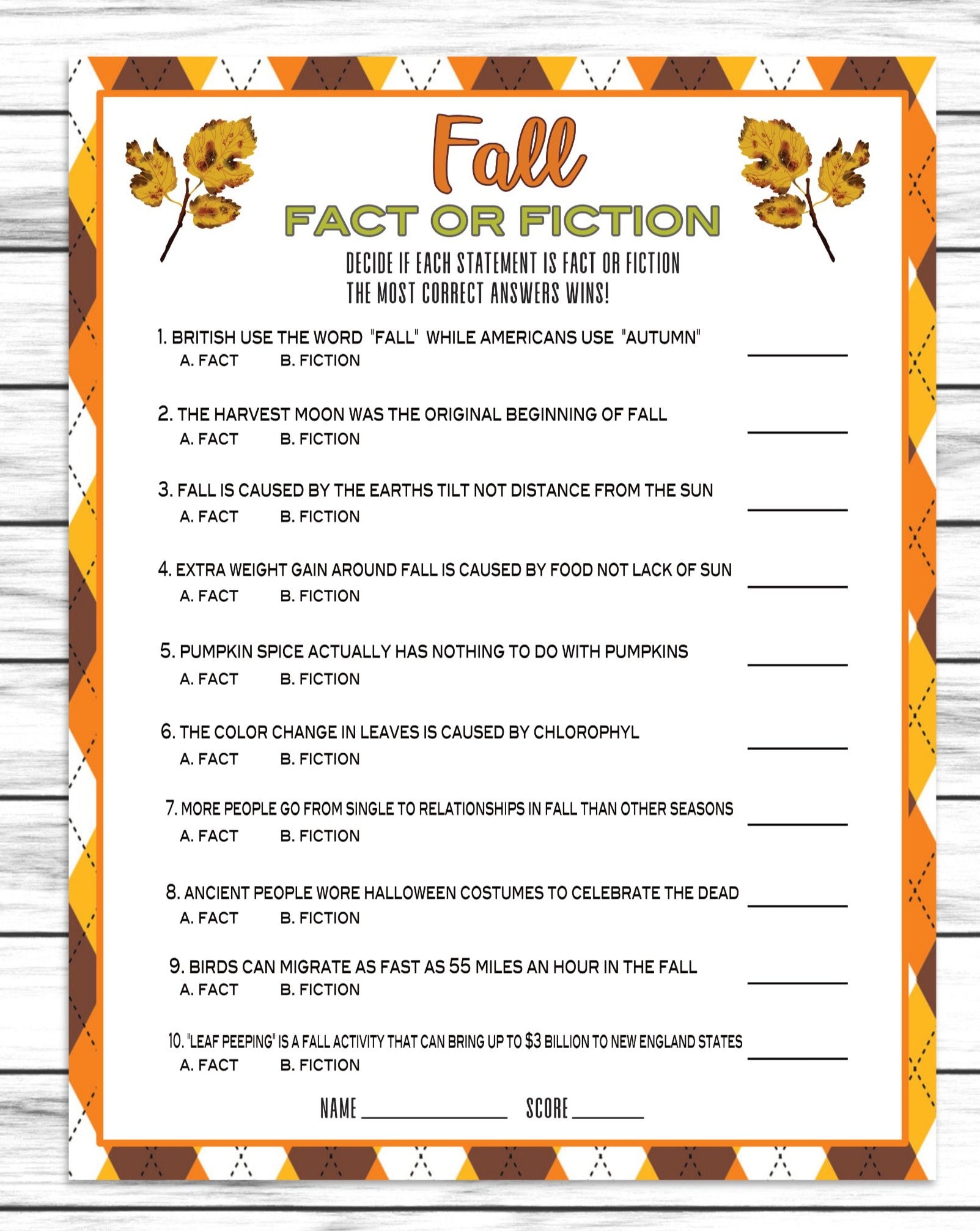 Fall Autumn Fact or Fiction Trivia Game, Printable Classroom Activity – Enjoymyprintables for Free Printable Fall Games For Adults