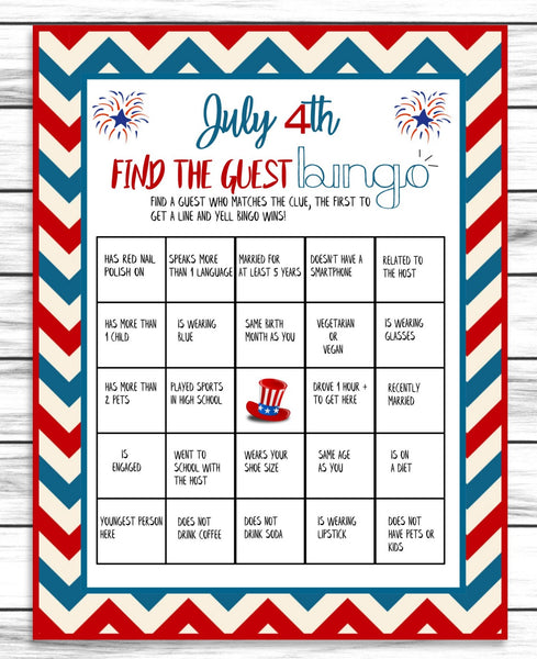 July 4th Party Find The Guest Bingo Game, Printable Party Ice breaker Favor, Instant Download