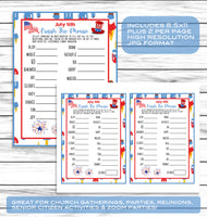 July 4th Party Finish The Phrase Game, Printable Kids Activity Sheet, Instant Download