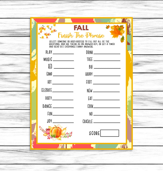 fall party printable or virtual game finish the phrase